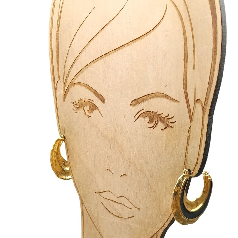Vintage Gold-Tone Hammered Hoop Earrings with Black Enamel Crescent Detail Chunk